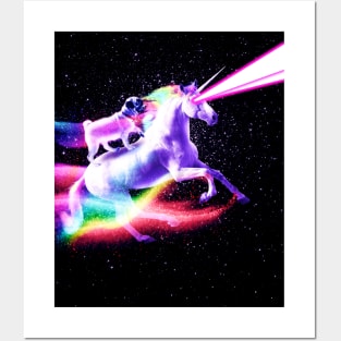 Space Pug On Flying Rainbow Unicorn With Laser Eyes Posters and Art